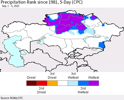 Kazakhstan Precipitation Rank since 1981, 5-Day (CPC) Thematic Map For 9/1/2023 - 9/5/2023