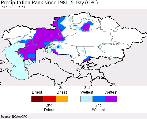 Kazakhstan Precipitation Rank since 1981, 5-Day (CPC) Thematic Map For 9/6/2023 - 9/10/2023