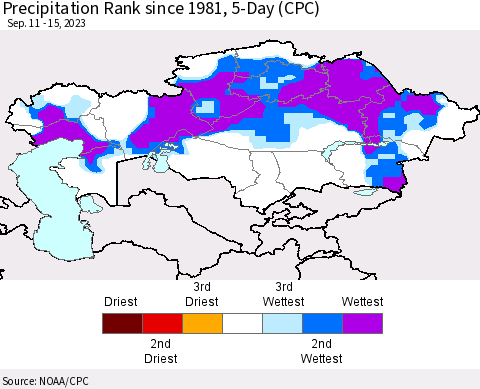 Kazakhstan Precipitation Rank since 1981, 5-Day (CPC) Thematic Map For 9/11/2023 - 9/15/2023