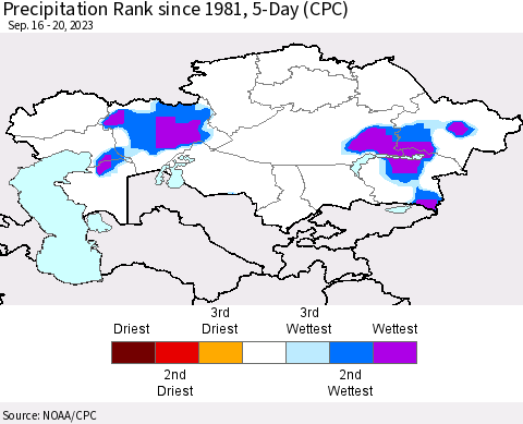 Kazakhstan Precipitation Rank since 1981, 5-Day (CPC) Thematic Map For 9/16/2023 - 9/20/2023