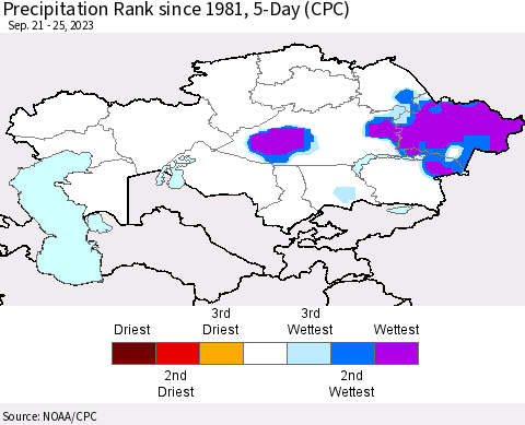Kazakhstan Precipitation Rank since 1981, 5-Day (CPC) Thematic Map For 9/21/2023 - 9/25/2023