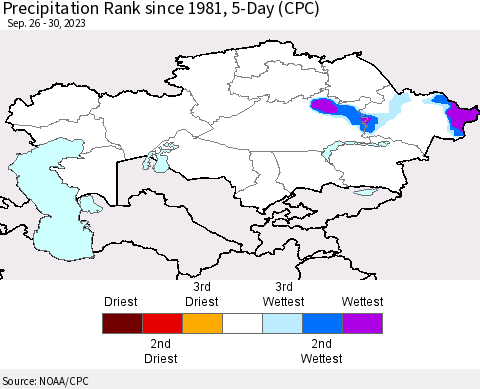 Kazakhstan Precipitation Rank since 1981, 5-Day (CPC) Thematic Map For 9/26/2023 - 9/30/2023