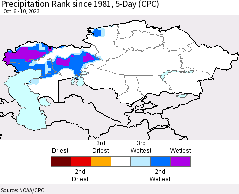 Kazakhstan Precipitation Rank since 1981, 5-Day (CPC) Thematic Map For 10/6/2023 - 10/10/2023