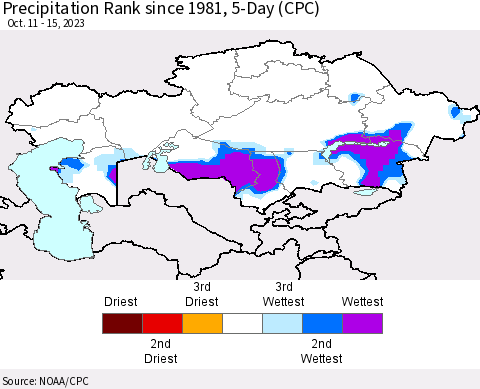 Kazakhstan Precipitation Rank since 1981, 5-Day (CPC) Thematic Map For 10/11/2023 - 10/15/2023