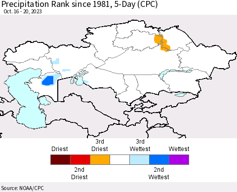 Kazakhstan Precipitation Rank since 1981, 5-Day (CPC) Thematic Map For 10/16/2023 - 10/20/2023