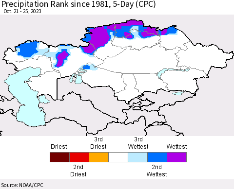 Kazakhstan Precipitation Rank since 1981, 5-Day (CPC) Thematic Map For 10/21/2023 - 10/25/2023