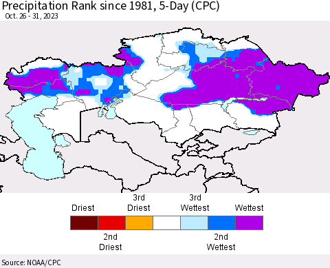 Kazakhstan Precipitation Rank since 1981, 5-Day (CPC) Thematic Map For 10/26/2023 - 10/31/2023