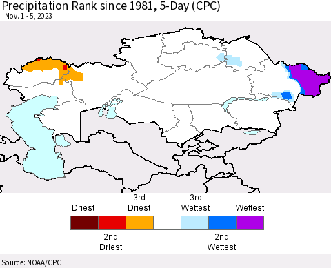 Kazakhstan Precipitation Rank since 1981, 5-Day (CPC) Thematic Map For 11/1/2023 - 11/5/2023