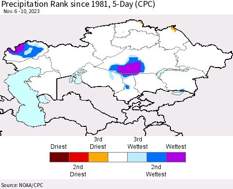 Kazakhstan Precipitation Rank since 1981, 5-Day (CPC) Thematic Map For 11/6/2023 - 11/10/2023
