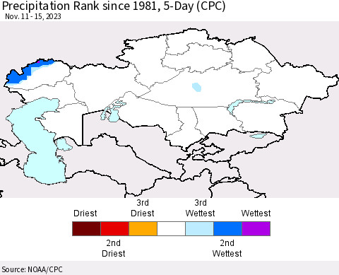 Kazakhstan Precipitation Rank since 1981, 5-Day (CPC) Thematic Map For 11/11/2023 - 11/15/2023