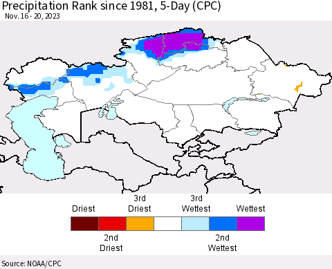 Kazakhstan Precipitation Rank since 1981, 5-Day (CPC) Thematic Map For 11/16/2023 - 11/20/2023