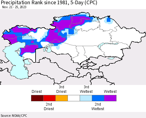 Kazakhstan Precipitation Rank since 1981, 5-Day (CPC) Thematic Map For 11/21/2023 - 11/25/2023