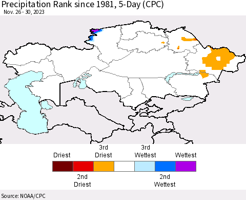 Kazakhstan Precipitation Rank since 1981, 5-Day (CPC) Thematic Map For 11/26/2023 - 11/30/2023