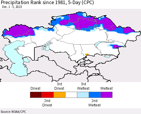 Kazakhstan Precipitation Rank since 1981, 5-Day (CPC) Thematic Map For 12/1/2023 - 12/5/2023