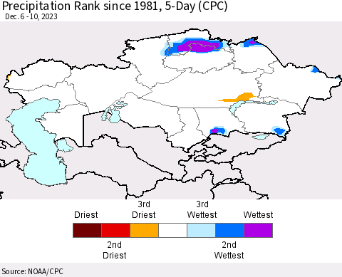 Kazakhstan Precipitation Rank since 1981, 5-Day (CPC) Thematic Map For 12/6/2023 - 12/10/2023