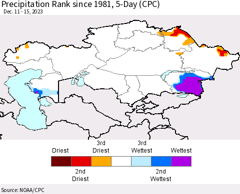 Kazakhstan Precipitation Rank since 1981, 5-Day (CPC) Thematic Map For 12/11/2023 - 12/15/2023