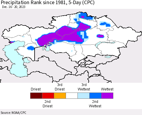 Kazakhstan Precipitation Rank since 1981, 5-Day (CPC) Thematic Map For 12/16/2023 - 12/20/2023