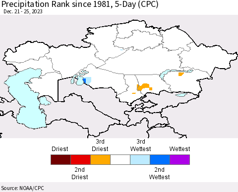 Kazakhstan Precipitation Rank since 1981, 5-Day (CPC) Thematic Map For 12/21/2023 - 12/25/2023