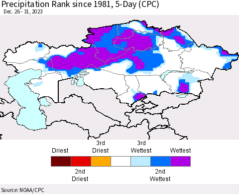 Kazakhstan Precipitation Rank since 1981, 5-Day (CPC) Thematic Map For 12/26/2023 - 12/31/2023