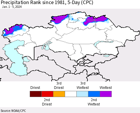 Kazakhstan Precipitation Rank since 1981, 5-Day (CPC) Thematic Map For 1/1/2024 - 1/5/2024