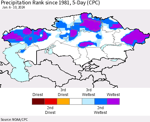 Kazakhstan Precipitation Rank since 1981, 5-Day (CPC) Thematic Map For 1/6/2024 - 1/10/2024