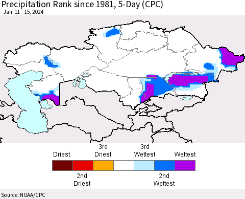 Kazakhstan Precipitation Rank since 1981, 5-Day (CPC) Thematic Map For 1/11/2024 - 1/15/2024