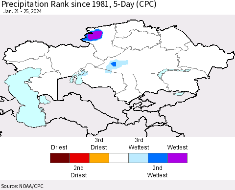 Kazakhstan Precipitation Rank since 1981, 5-Day (CPC) Thematic Map For 1/21/2024 - 1/25/2024