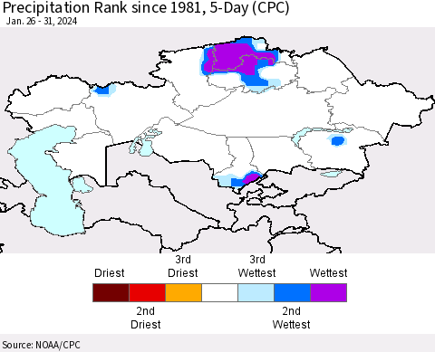 Kazakhstan Precipitation Rank since 1981, 5-Day (CPC) Thematic Map For 1/26/2024 - 1/31/2024
