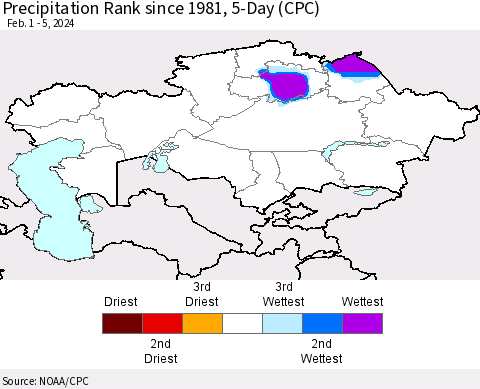 Kazakhstan Precipitation Rank since 1981, 5-Day (CPC) Thematic Map For 2/1/2024 - 2/5/2024