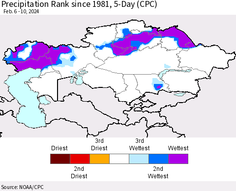 Kazakhstan Precipitation Rank since 1981, 5-Day (CPC) Thematic Map For 2/6/2024 - 2/10/2024