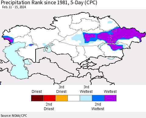 Kazakhstan Precipitation Rank since 1981, 5-Day (CPC) Thematic Map For 2/11/2024 - 2/15/2024