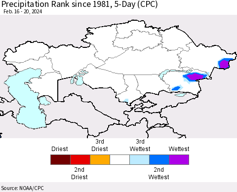 Kazakhstan Precipitation Rank since 1981, 5-Day (CPC) Thematic Map For 2/16/2024 - 2/20/2024