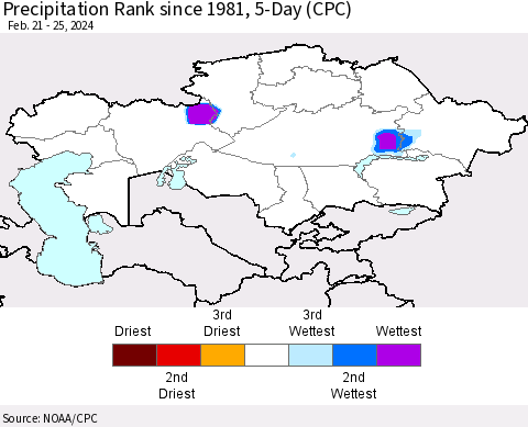 Kazakhstan Precipitation Rank since 1981, 5-Day (CPC) Thematic Map For 2/21/2024 - 2/25/2024