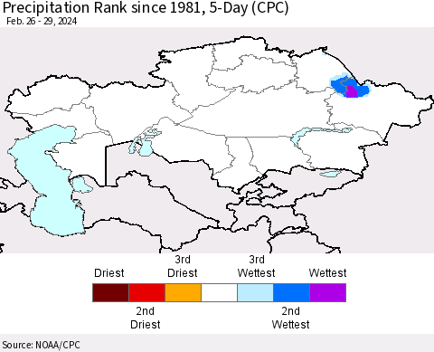 Kazakhstan Precipitation Rank since 1981, 5-Day (CPC) Thematic Map For 2/26/2024 - 2/29/2024