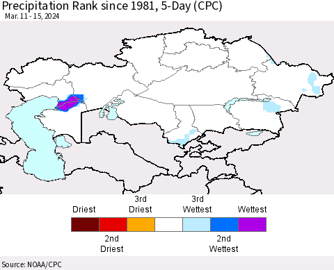 Kazakhstan Precipitation Rank since 1981, 5-Day (CPC) Thematic Map For 3/11/2024 - 3/15/2024