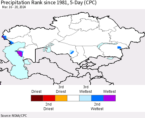 Kazakhstan Precipitation Rank since 1981, 5-Day (CPC) Thematic Map For 3/16/2024 - 3/20/2024