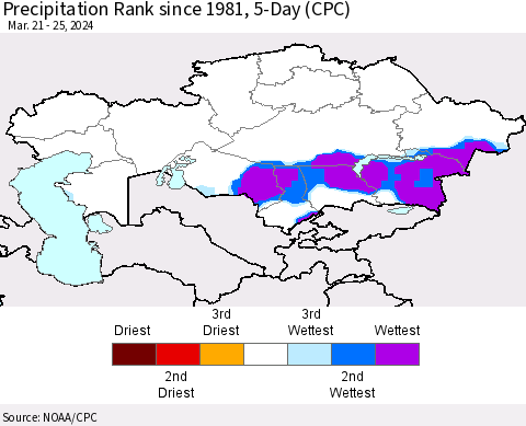 Kazakhstan Precipitation Rank since 1981, 5-Day (CPC) Thematic Map For 3/21/2024 - 3/25/2024