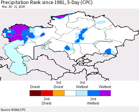 Kazakhstan Precipitation Rank since 1981, 5-Day (CPC) Thematic Map For 3/26/2024 - 3/31/2024