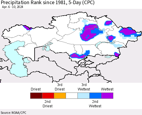 Kazakhstan Precipitation Rank since 1981, 5-Day (CPC) Thematic Map For 4/6/2024 - 4/10/2024