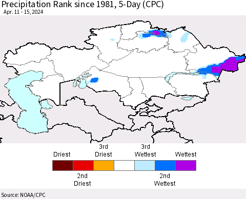 Kazakhstan Precipitation Rank since 1981, 5-Day (CPC) Thematic Map For 4/11/2024 - 4/15/2024