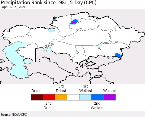 Kazakhstan Precipitation Rank since 1981, 5-Day (CPC) Thematic Map For 4/16/2024 - 4/20/2024