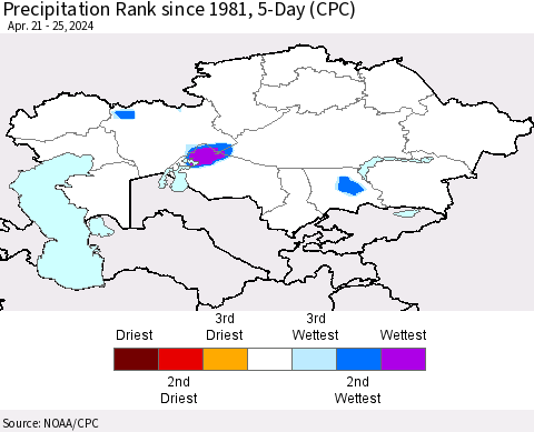 Kazakhstan Precipitation Rank since 1981, 5-Day (CPC) Thematic Map For 4/21/2024 - 4/25/2024
