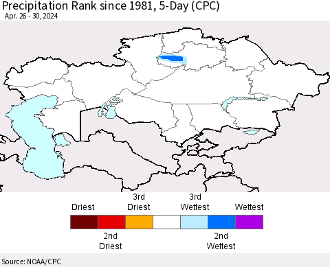 Kazakhstan Precipitation Rank since 1981, 5-Day (CPC) Thematic Map For 4/26/2024 - 4/30/2024
