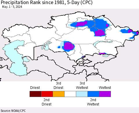 Kazakhstan Precipitation Rank since 1981, 5-Day (CPC) Thematic Map For 5/1/2024 - 5/5/2024