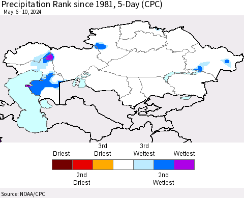 Kazakhstan Precipitation Rank since 1981, 5-Day (CPC) Thematic Map For 5/6/2024 - 5/10/2024