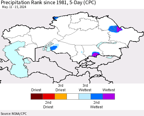 Kazakhstan Precipitation Rank since 1981, 5-Day (CPC) Thematic Map For 5/11/2024 - 5/15/2024