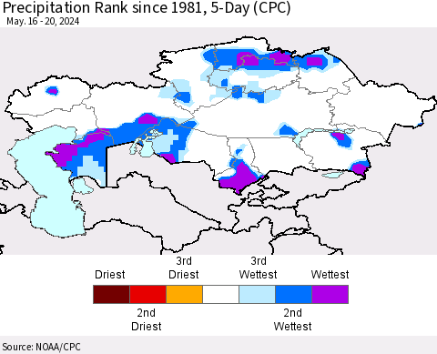 Kazakhstan Precipitation Rank since 1981, 5-Day (CPC) Thematic Map For 5/16/2024 - 5/20/2024