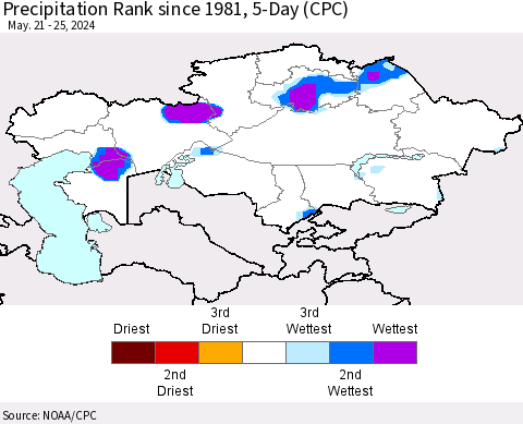 Kazakhstan Precipitation Rank since 1981, 5-Day (CPC) Thematic Map For 5/21/2024 - 5/25/2024