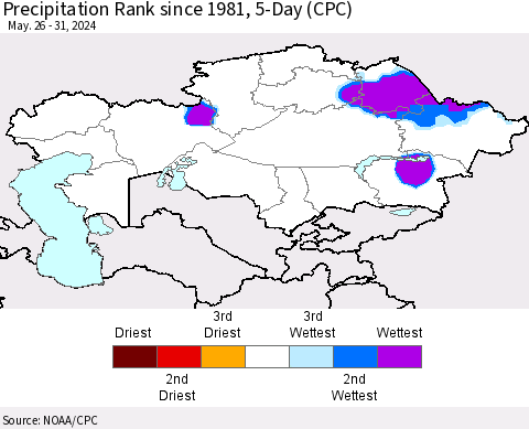 Kazakhstan Precipitation Rank since 1981, 5-Day (CPC) Thematic Map For 5/26/2024 - 5/31/2024
