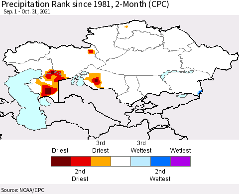 Kazakhstan Precipitation Rank since 1981, 2-Month (CPC) Thematic Map For 9/1/2021 - 10/31/2021